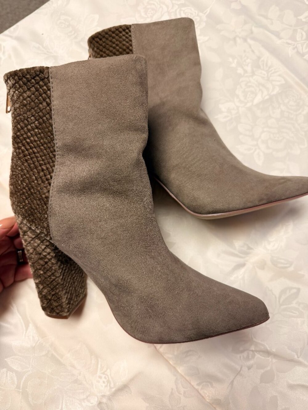 Women's Taupe Faux Suede Pointed Toe Ankle Boots with Textured Velvet Heel